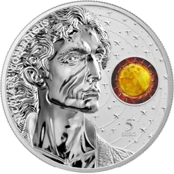 A 2023 Malta Copernicus 5 Euro 1 oz Silver coin with an image of a man and a sun.