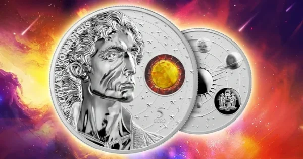 A 2023 Malta Copernicus 5 Euro 1 oz Silver.PRE-SALE OFFER coin with an image of a man on it.
