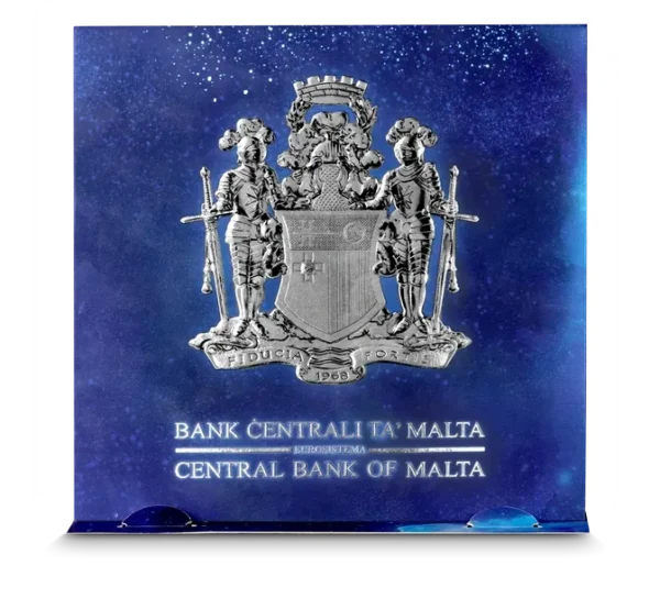 The 2023 Malta Copernicus 5 Euro 1 oz Silver.PRE-SALE OFFER logo on a blue glass plaque.