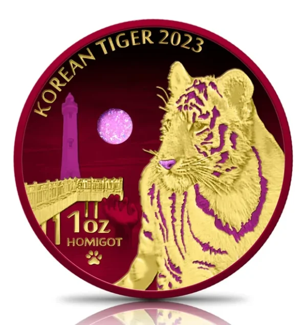 The 2023 Korea Tiger 1 oz Silver HoloFlare Edition with Mintage of only 250. Selective Pink Holo & 24kt Gold Gild is shown on a gold coin.