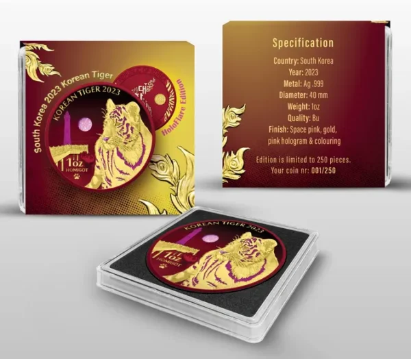 A red and gold 2023 Korea Tiger 1 oz Silver HoloFlare Edition cd case with Mintage of only 250. Selective Pink Holo & 24kt Gold Gild on it.