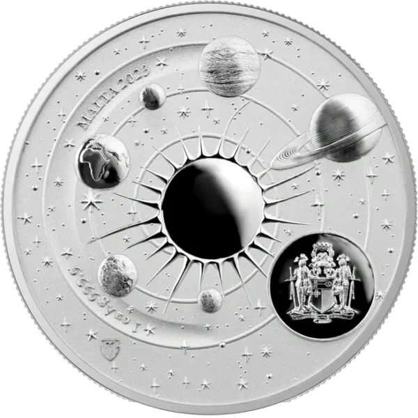 A 2023 Malta Copernicus 5 Euro 1 oz Silver.PRE-SALE OFFER coin with the sun and planets on it.