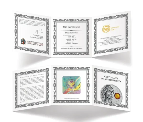 A brochure with a picture of a 2023 Malta Copernicus 5 Euro 1 oz Silver.PRE-SALE OFFER and a coin.