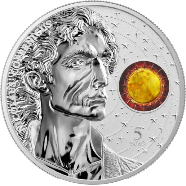 A 2023 Malta Copernicus 5 Euro 1 oz Silver coin with a portrait of a man and a sun.