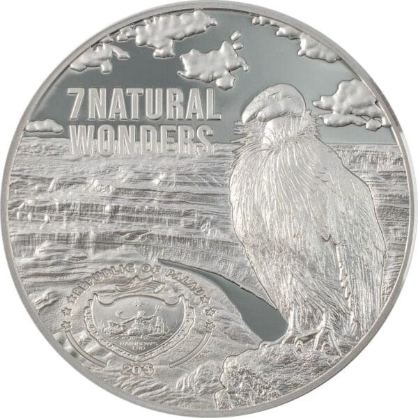 2021 Palau Seven Natural Wonders: Grand Canyon 3oz Proof Silver Coin featuring an eagle and an inscription of "7 natural wonders" and "Republic of Palau".