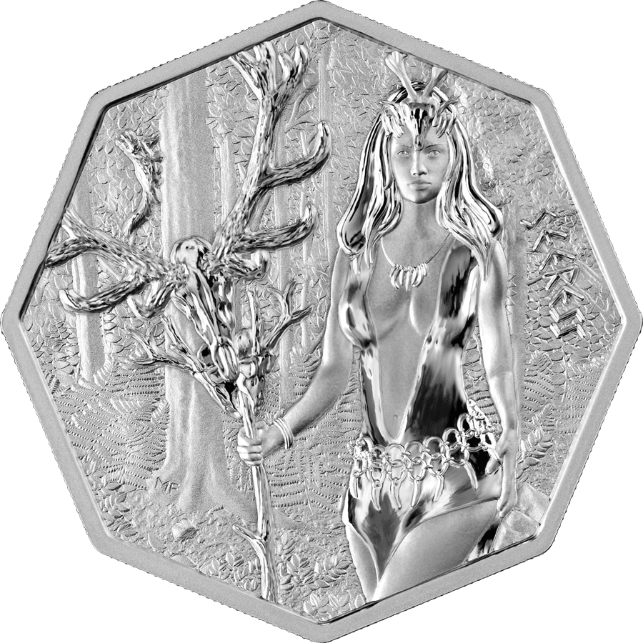 Hexagonal silver coin embossed with a depiction of a 2023 Germania Witchcraft Seeress holding a staff in a forested setting.