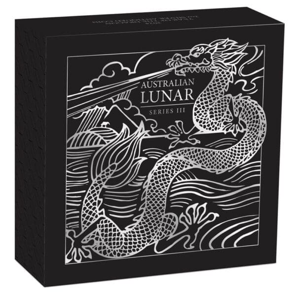 A black box featuring a stylized silver dragon design with the words "2024 Australia Lunar Series III Year of The Dragon 2 oz Silver Antiqued Coin".