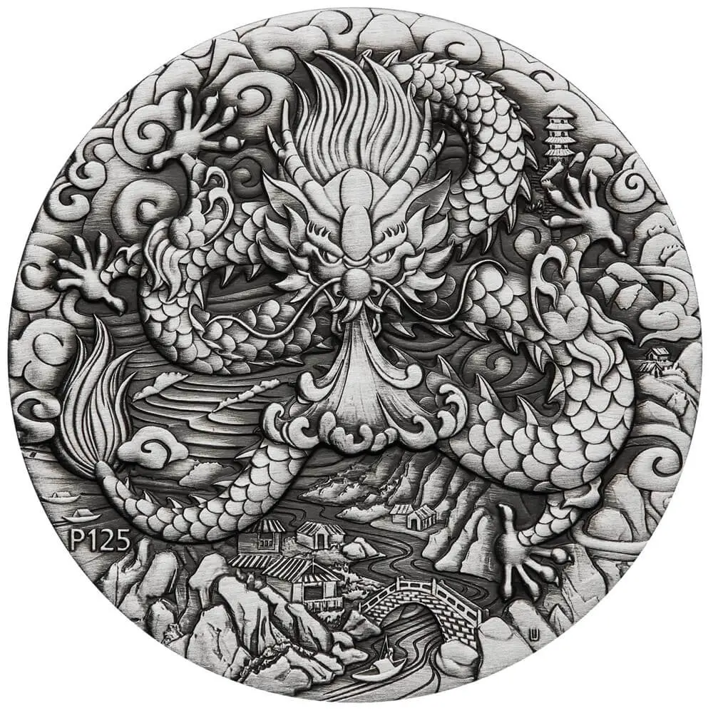 Round 2024 Australia Lunar Series III Year of the Dragon 2 oz Silver Antiqued Coin with an intricate dragon design and landscape motifs.