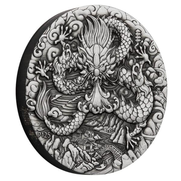 Round decorative plate featuring a detailed antiqued relief of a dragon with traditional motifs, commemorating the 2024 Australia Lunar Series III Year of The Dragon 2 oz Silver Antiqued Coin.