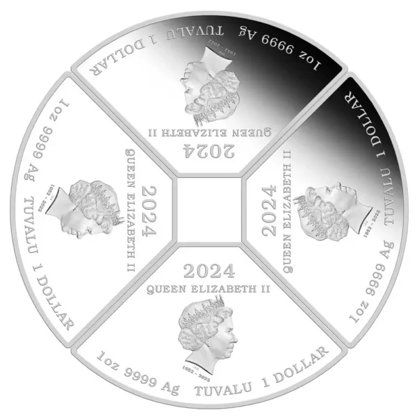 Composite image of seven 2024 Australia Lunar Year of the Dragon Quadrant 4 oz Silver Coin Sets arranged to form a complete circle, with Queen Elizabeth II's profile depicted in various angles, celebrating the Year of the Dragon.