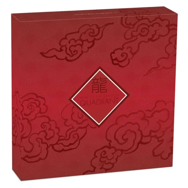 A 2024 Australia Lunar Year of the Dragon Quadrant 4 oz Silver Coin Set with traditional Chinese cloud pattern design and the text "Year of The Dragon.