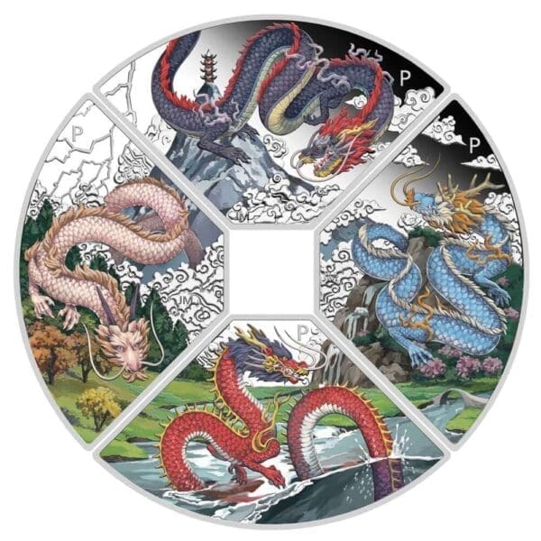 Four different styles of dragons illustrated within segmented sections of a circular design, celebrating the 2024 Australia Lunar Year of the Dragon Quadrant 4 oz Silver Coin Set.