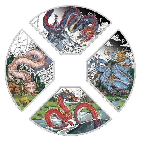 Four 2024 Australia Lunar Year of the Dragon Quadrant 4 oz Silver Coin Sets, featuring artistic depictions of colorful dragons in various styles.