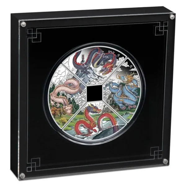 Decorative collectible 2024 Australia Lunar Year of the Dragon Quadrant 4 oz Silver Coin Set featuring four colored Year of The Dragon designs, displayed in a protective frame.