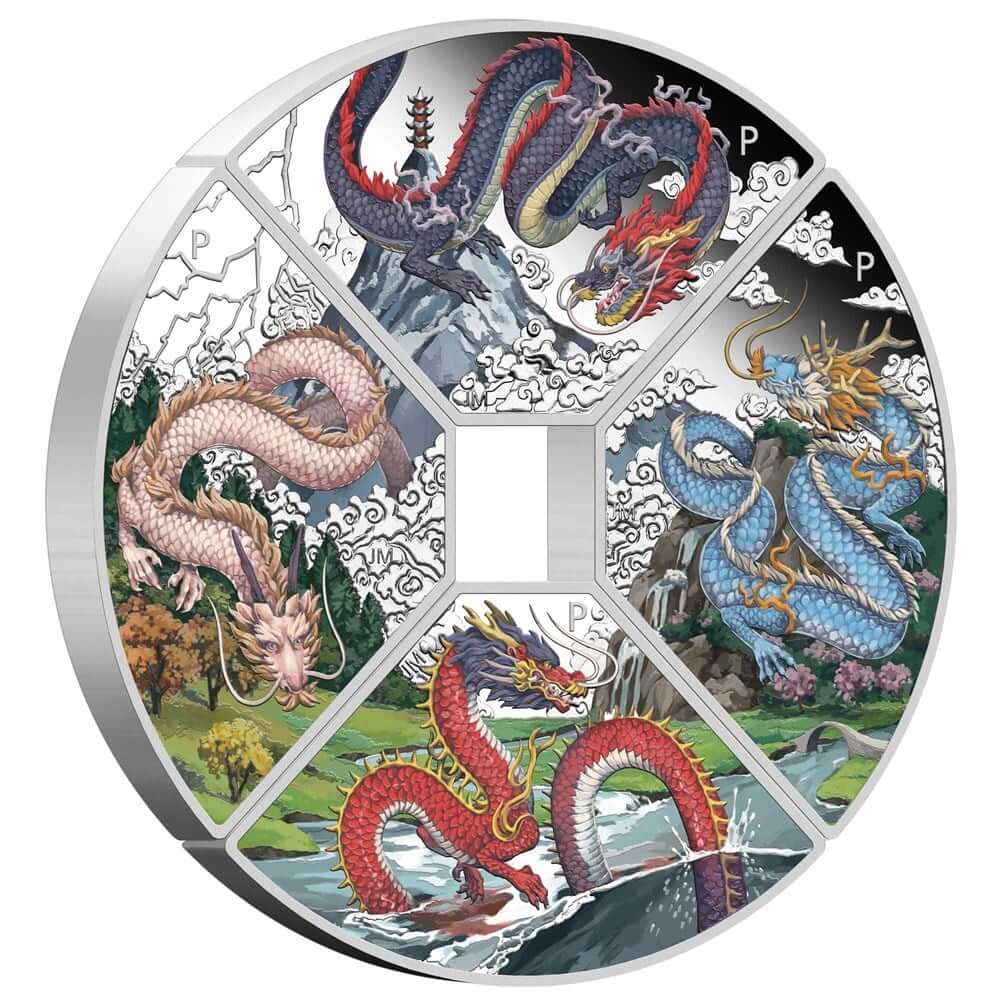 A circular montage of the 2024 Australia Lunar Year of the Dragon Quadrant 4 oz Silver Coin Set, with four intricately illustrated dragons, each representing different elements, depicted within segmented quadrants to commemorate the Year of The Dragon.