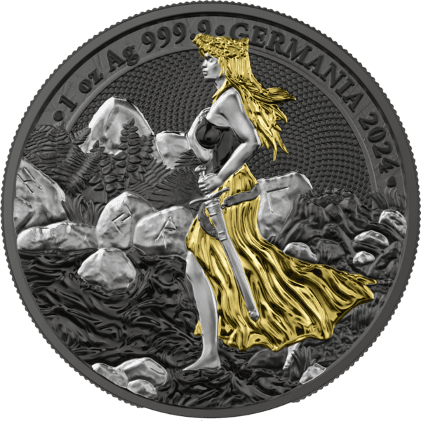 A 2024 Germania World Money Fair Edition 1 oz Silver BU Coin featuring a colorized allegorical female figure representing germania, with a sword and shield, against a textured background.
