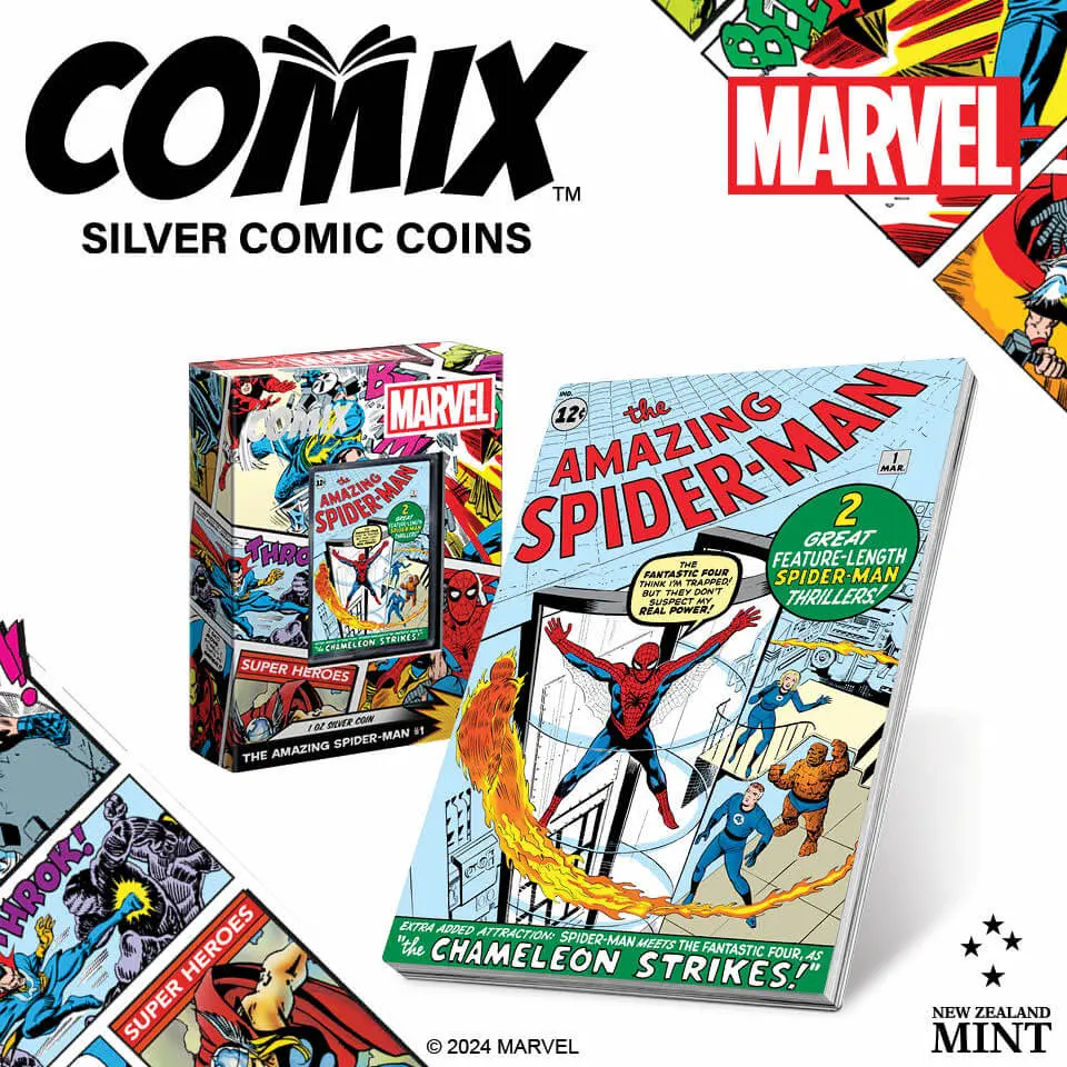 A collection of 2024 Niue Marvel The Amazing Spider-Man #1 Comix 1oz Silver Proof Coins, featuring marvel comic book covers.