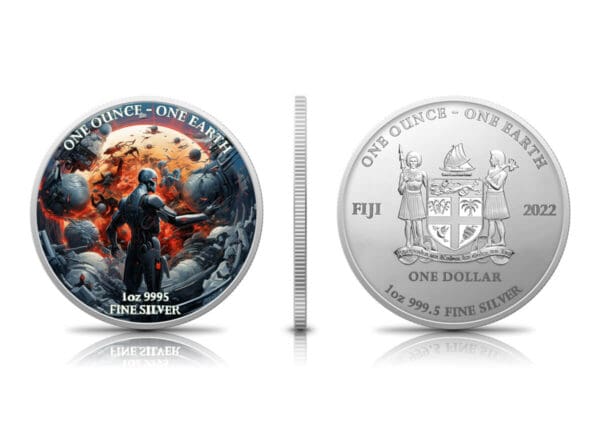 A colorful collectible 2022 Fiji Earth Artificial Intelligence Apocalypse 1oz Silver Coin with Quadrum Sleeve featuring a vibrant design on the front and the fijian coat of arms with the year 2022 on the reverse.