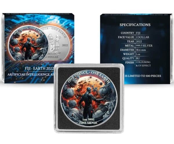 Limited edition collectible 2022 Fiji Earth Artificial Intelligence Apocalypse 1oz Silver Coin with Quadrum Sleeve, featuring colorful, AI-inspired artwork, with detailed specifications listed on the packaging and a mintage of 300.