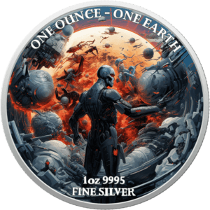 A 2022 Fiji Earth Artificial Intelligence Apocalypse 1oz Silver Coin design featuring a futuristic space battle with a prominent figure in a suit pointing towards the chaos, surrounded by the inscriptions "one ounce - one earth" and "1oz 9995 fine.