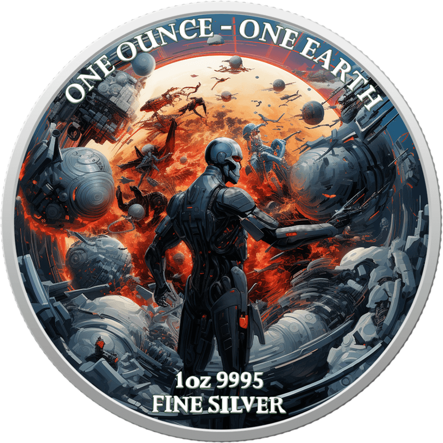 A 2022 Fiji Earth Artificial Intelligence Apocalypse 1oz Silver Coin design featuring a futuristic space battle with a prominent figure in a suit pointing towards the chaos, surrounded by the inscriptions "one ounce - one earth" and "1oz 9995 fine.