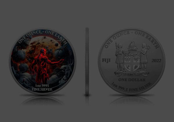 Front and side views of a colorized silver 2022 Fiji Earth Artificial Intelligence Apocalypse 1oz collectible coin with an Artificial Intelligence Apocalypse design on one side and the Fijian coat of arms with the year 2022 on the other side.