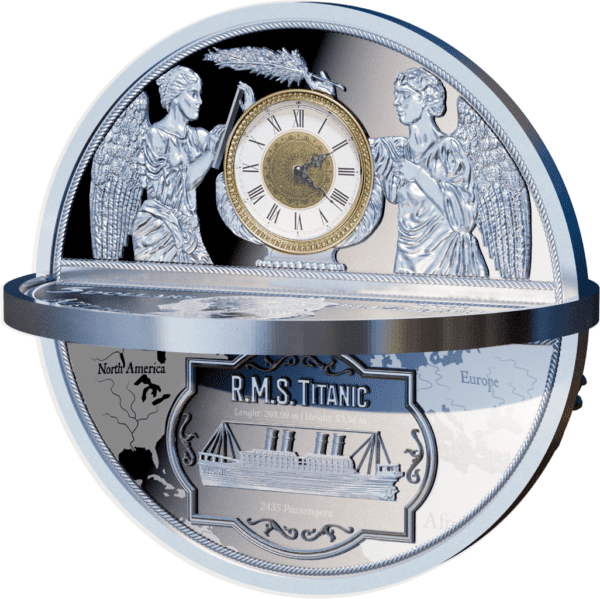 Decorative 2022 Niue Titanic Catastrophe 100th Anniversary 2oz Silver Antique Proof Coin with angelic figures and a world map background.