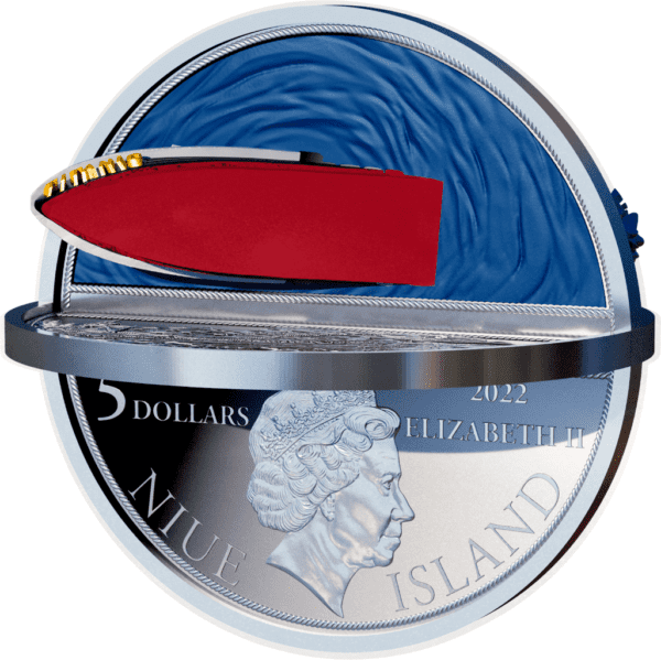 A 2022 Niue Titanic Catastrophe 100th Anniversary 2oz Silver Antique Proof Coin with Mintage of 700 featuring Queen Elizabeth II, with a three-dimensional model of the Titanic embedded in its transparent upper layer.