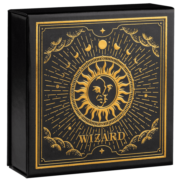 Decorative 2023 Cameroon Wizard 2oz Silver High Relief Antiqued Coin w/3D Insert with Mintage of 888 with gold celestial and mystical artwork including a sun face, stars, and the word "wizard, wizard".