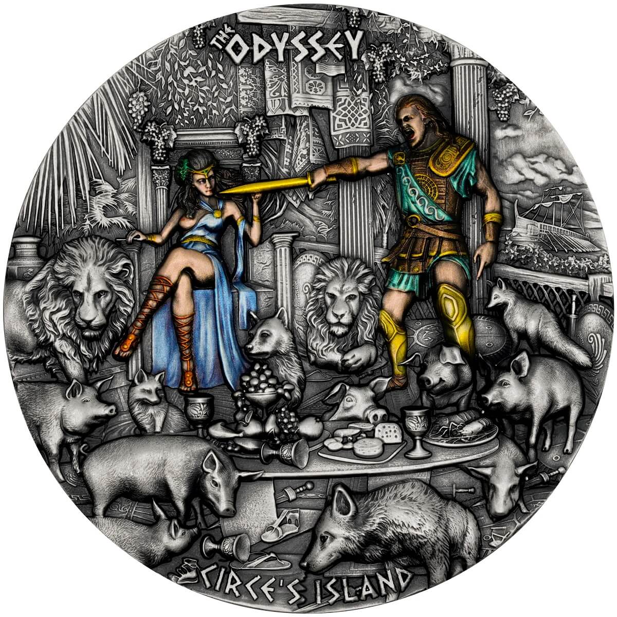 A detailed illustration depicting scenes and characters from the 2023 Niue Odyssey Circe’s Island 3oz Silver Antiqued Coin, with an emphasis on the tale of Circe's island.