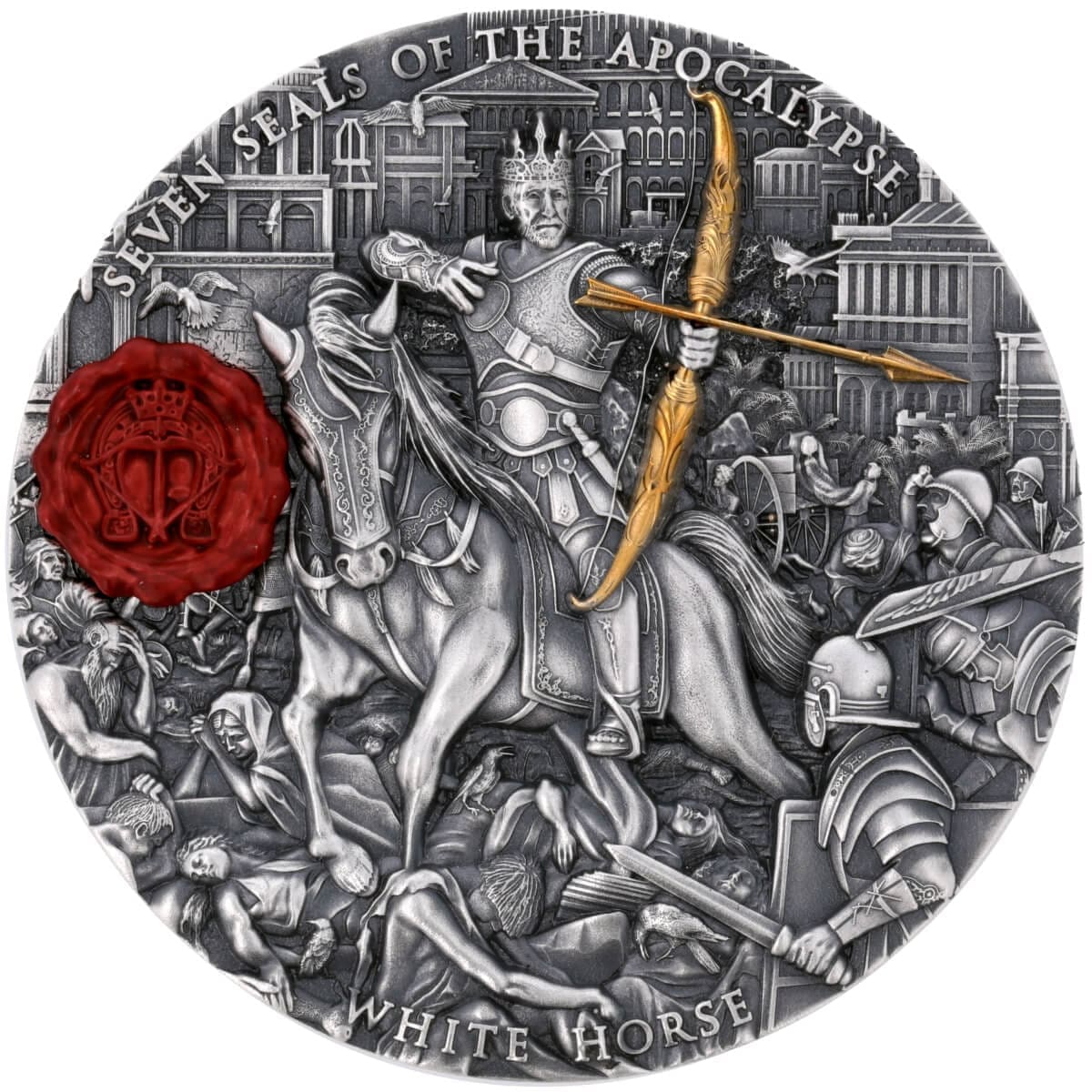 A highly detailed, 2023 Niue Seven Seals of the Apocalypse White Horse 3oz Silver Antiqued Coin depicting the White Horse, one of the four horsemen, with intricate engravings and a red wax seal.