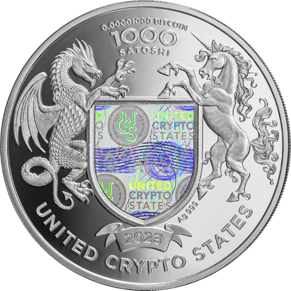 A 2023 United Crypto States Statue of Liberty 1oz Silver Proof Coin 1000 Satoshi with emblematic designs symbolizing the concept of "united crypto states," featuring a dragon, a horse, binary code, and a shield with cryptocurrency motifs including the Statue of Liberty.