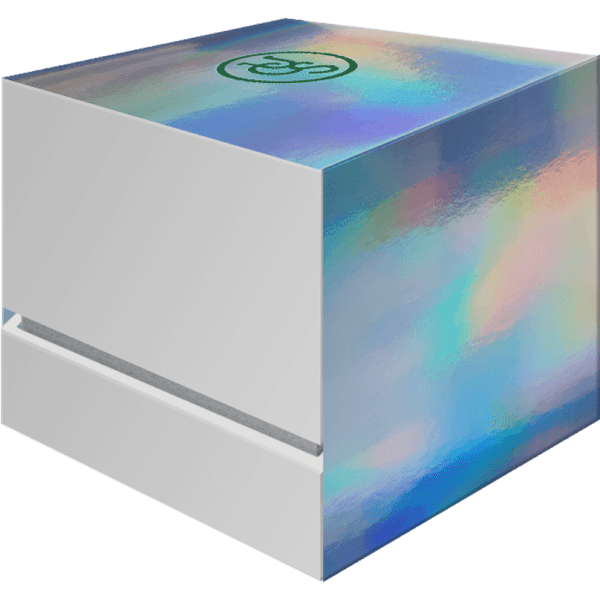 A white drawer with a glossy, holographic finish on its surface displaying a green recycling symbol and the 2023 United Crypto States Statue of Liberty 1oz Silver Proof Coin 1000 Satoshi.