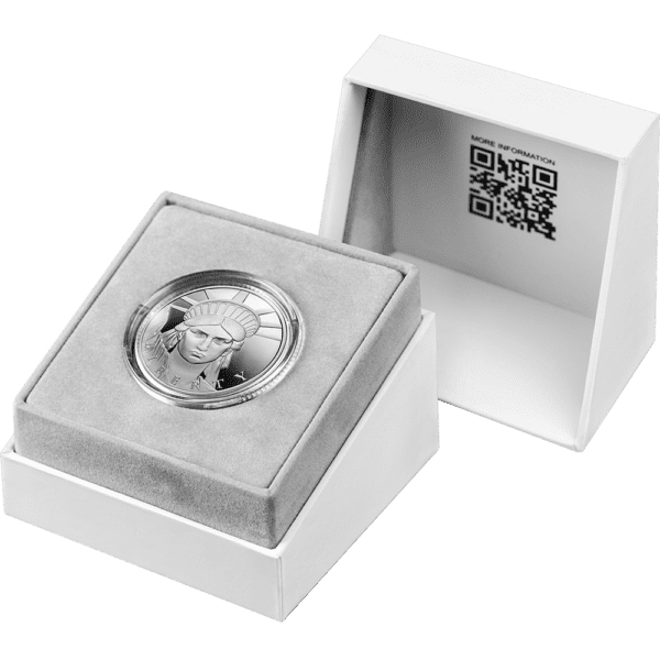 2023 United Crypto States Statue of Liberty 1oz Silver Proof Coin featuring a profile portrait of the Statue of Liberty displayed in an open box with a QR code inside the lid, worth 1000 Satoshi.