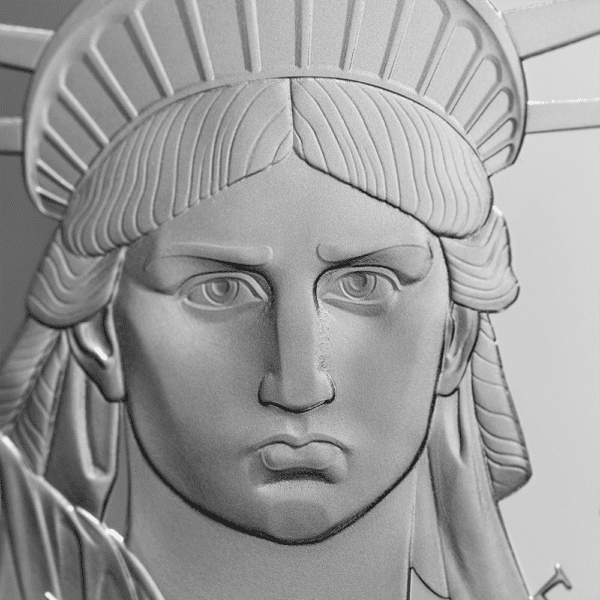 Close-up of the face of the 2023 United Crypto States Statue of Liberty 1oz Silver Proof Coin with 1000 Satoshi.