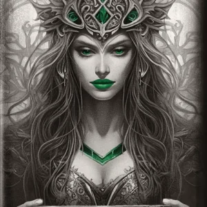 An illustration of an enigmatic woman, embodying 2024 Germania Goddesses Sigyn 2 oz Silver Colorized Cast Bar 2nd in Series with Mintage of 999, with an ornate crown and green lips, holding a mystical bowl with intricate designs.