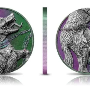 2022 Germania Beasts Fenrir Purple/Green 2 oz .9999 Silver Coin in Display with UV effects